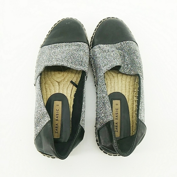 Zara Basic Collection Metallic Faux Leather Cap Toe Espadrills Silver Glitter 35 - Picture 2 of 15